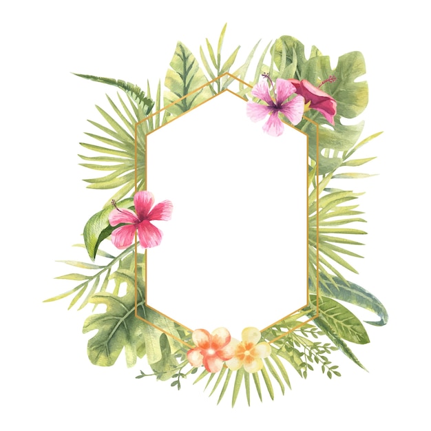 Vector illustration of a hexagonal frame with tropical plants Monster banana leaves hibiscus etc Floral watercolor For the design of greeting cards invitations