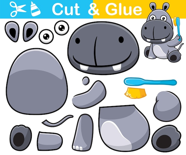 Vector illustration of hippo cartoon holding brush teeth. Cutout and gluing