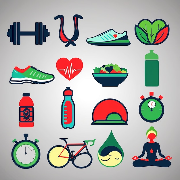 Vector vector illustration hires collection for sport equipment tools sport items and fitness symbols