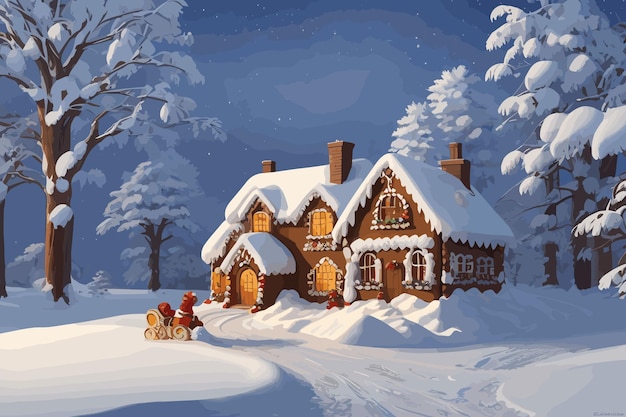 a vector illustration of a house with a snow covered roof and a snow covered porch with a wooden sleigh in the background.