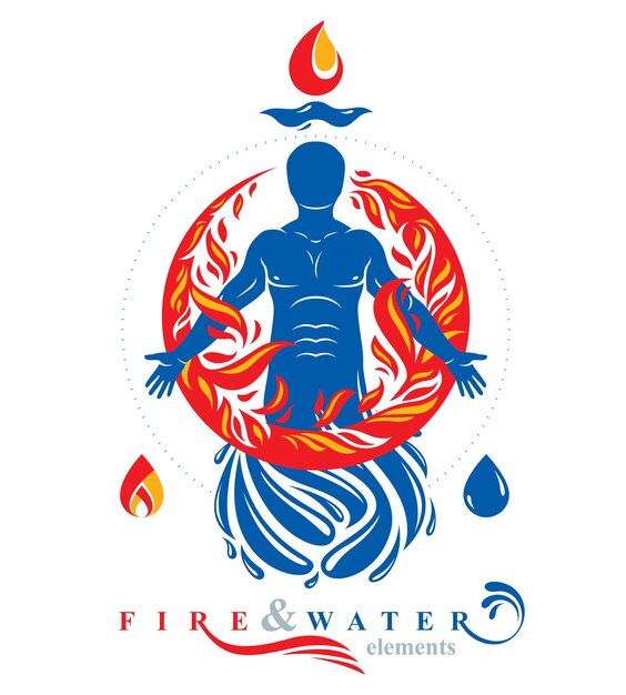 Vector illustration of human, athlete created form water and surrounded by a fireball. Living in harmony with nature, environment protection concept.