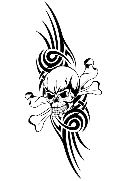 Vector illustration human death skull with bones and trbal