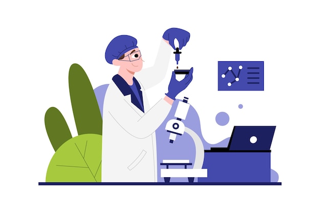 Vector illustration of a human doing his work as a researcher in a laboratory with a colorful design