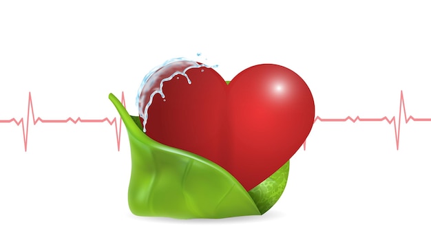 Vector illustration of a human heart on a background of leaves and heart rate graphics. Medicine, health, pulse, healthy lifestyle. EPS 10.