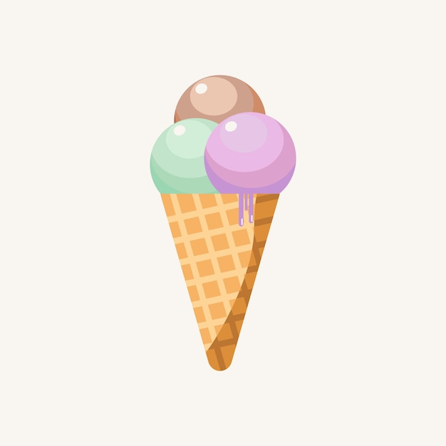 Vector illustration of ice cream in a waffle cone. Ice cream in purple, green, and cocholate colors