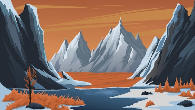 vector illustration of icy mountains with orange valleys and snowy rocks