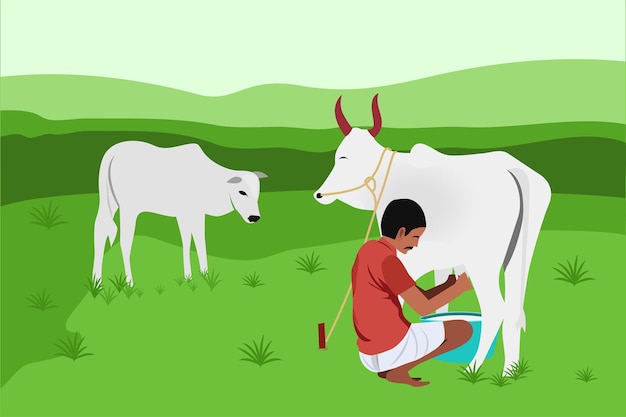 Vector illustration of an indian farmer milking a cow