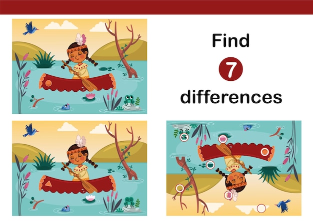 Vector Illustration of an Indian Girl with Canoe Find 7 differences education game for kids