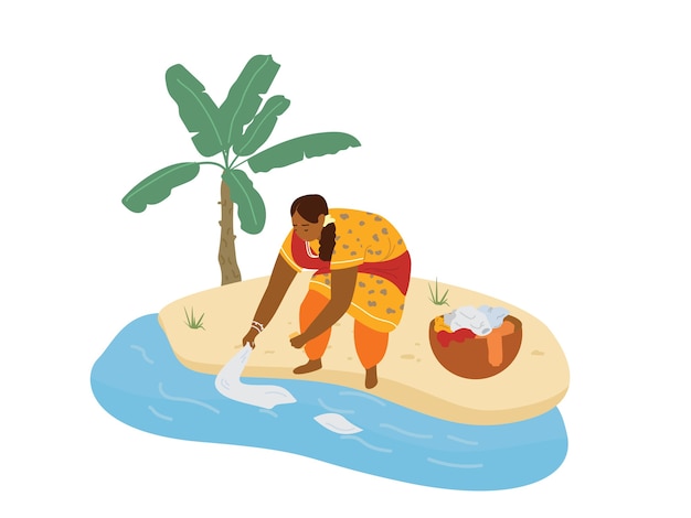 Vector Illustration Of Indian Woman In Traditional Clothes Doing Laundry In River.