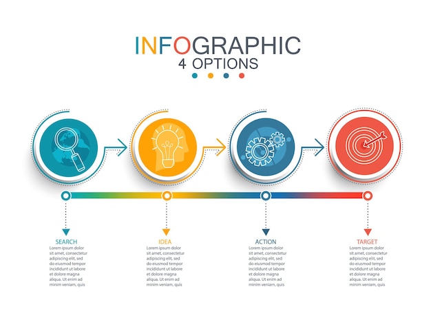 Vector illustration infographic template with 3D circles paper label, business template for presentation. Creative concept for infographic, diagram, flowchart, workflow layout. Line business icon set.