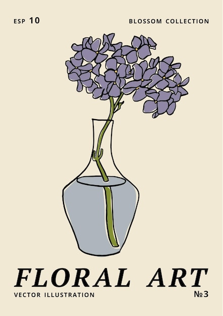 Vector illustration ink floral posters with hydrangea flowers in vase Art for for prints wall art banner background