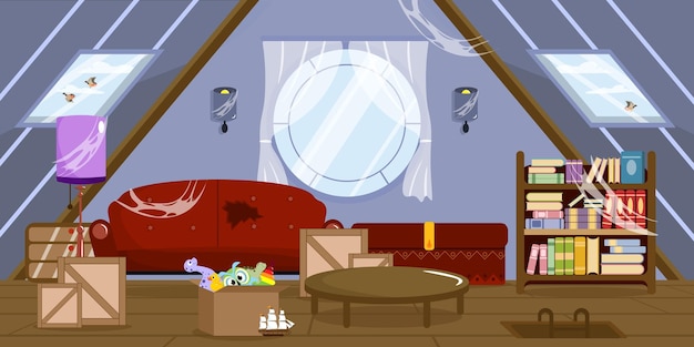 Vector illustration of interior abandoned room Cartoon interior with torn sofa bunch of boxes shelf with old books toys chest lamp and everything is hung with cobwebs