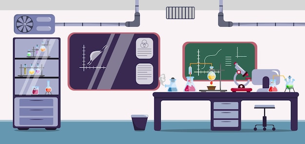 Vector illustration interior of a chemical laboratory Cartoon interior with table blackboard test tubes chemicals cabinet ventilation computer