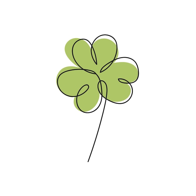 Vector illustration of Irish symbol of St Patrick Day. Continuous line drawing of shamrock leaf. Minimalism in design with green color