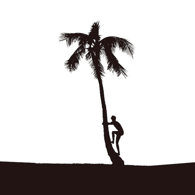 Vector illustration of island natives climbing palm trees for coconuts