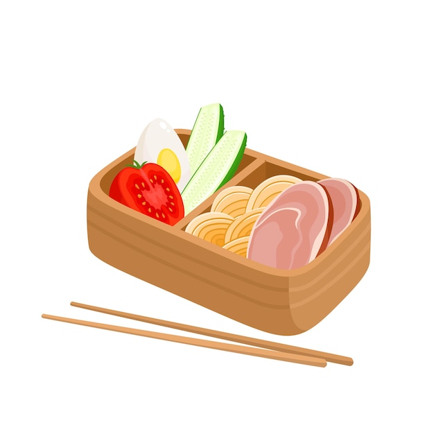 Vector illustration of japanese bento box Traditional asian food with noodles ham cucumber egg