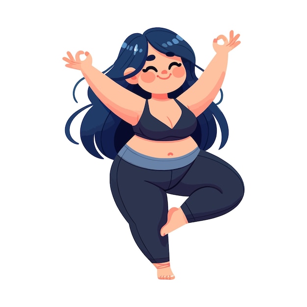 Vector vector illustration of a joyful curvy woman doing yoga embracing body positivity and selflove