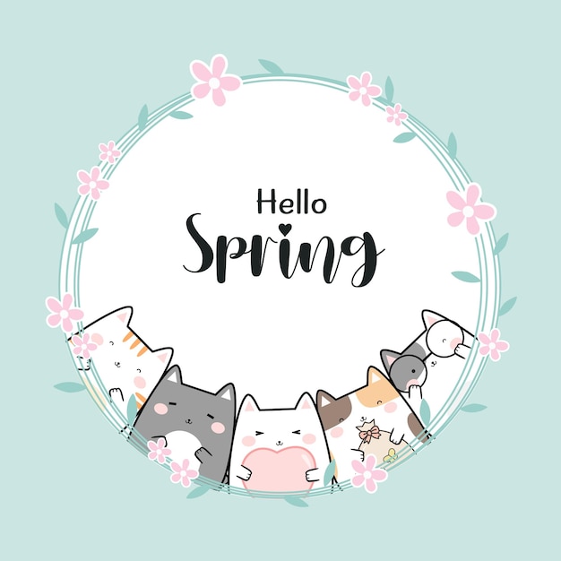 Vector illustration kawaii cute cat cartoon doodle background with text - Hello Spring.