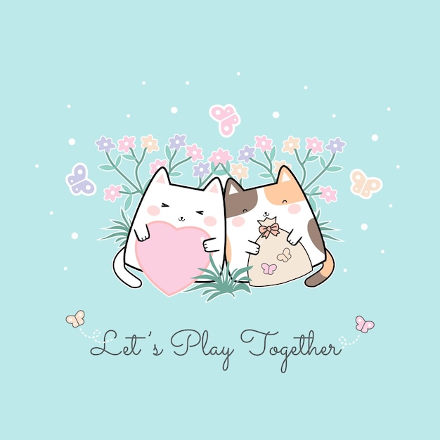 Vector illustration kawaii cute cat cartoon doodle background with text - Let's Play Togethere. Perf