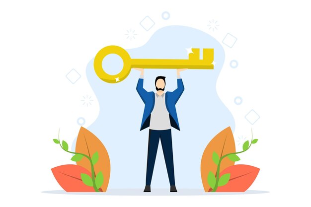 Vector vector illustration of key concept for success in your career with man holding keys proudly