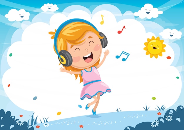 Vector Illustration Of Kid Listening Musi