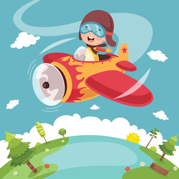 Vector Illustration Of Kid Operating Plane