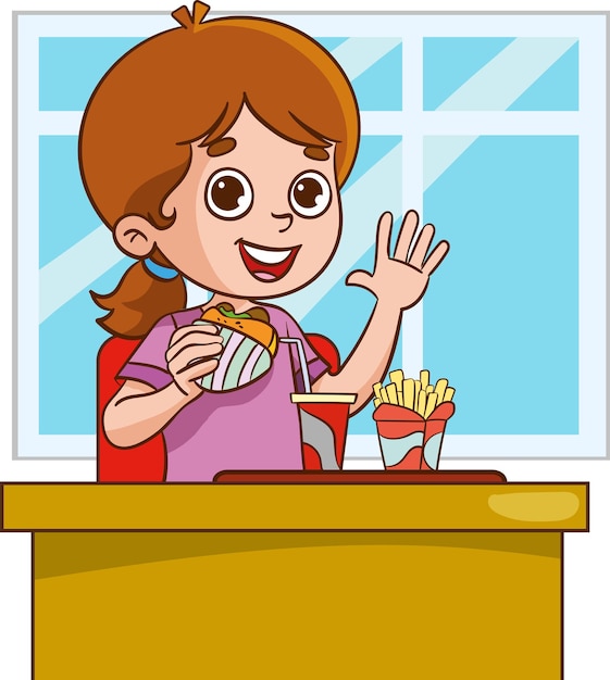 Vector illustration of Kids eating French Fries and fast food in restaurant