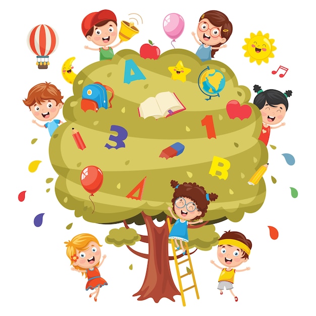 Vector Illustration Of Kids Studying On Tree