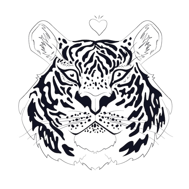 Vector illustration. A kind tiger face with a heart above its head