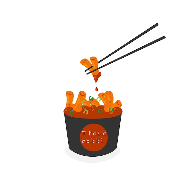 Vector Illustration of Korean Street Food Tteokbokki Served with Black Paper Bowl and Chopsticks