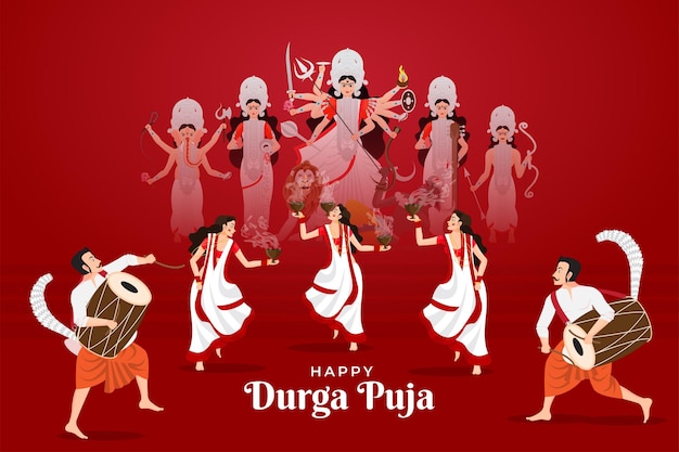 vector illustration of ladies dancing with dhunuchi and men playing dhak for Happy Durga Puja