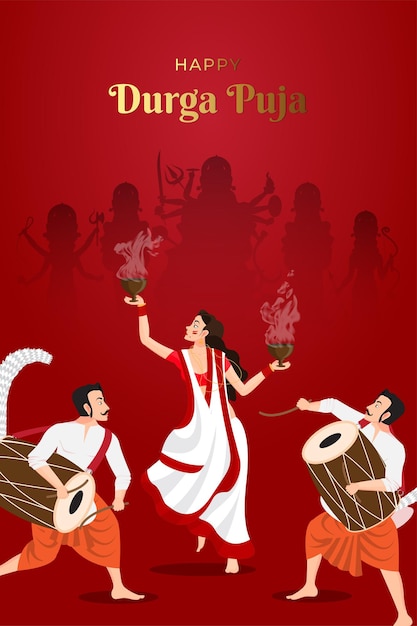 Vector illustration of ladies dancing with dhunuchi and men playing dhak for Happy Durga Puja