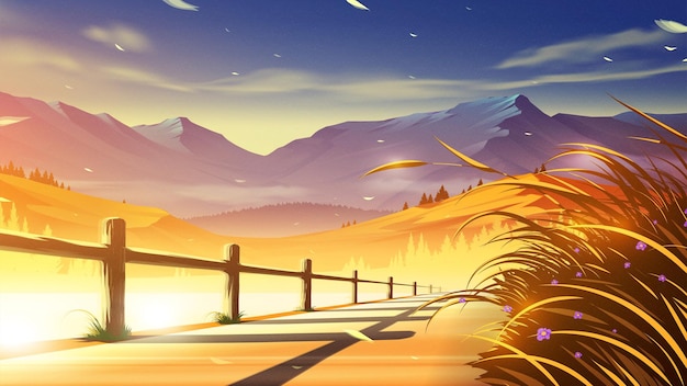 Vector illustration of a lakeside walkway with beautiful mountain scenery in the background in anime style