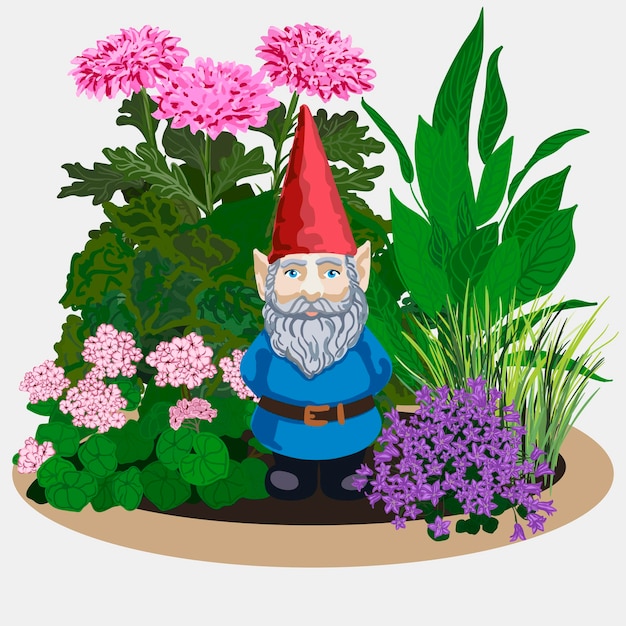 Vector vector illustration of a landscape gardening sculpture garden gnome in flowers