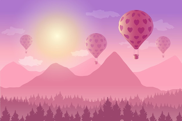 Vector illustration of landscape with hot air balloon above mountains in sunset. Romantic, Love, Valentine concept.