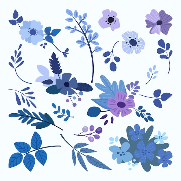 vector illustration of leaf and flower collection in cartoon style