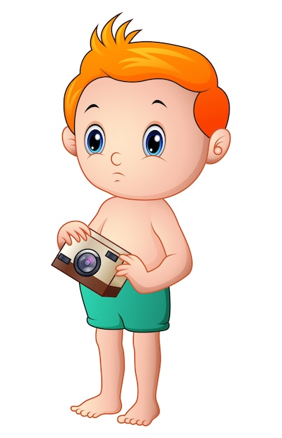 Vector illustration of Little boy cartoon holding a camera