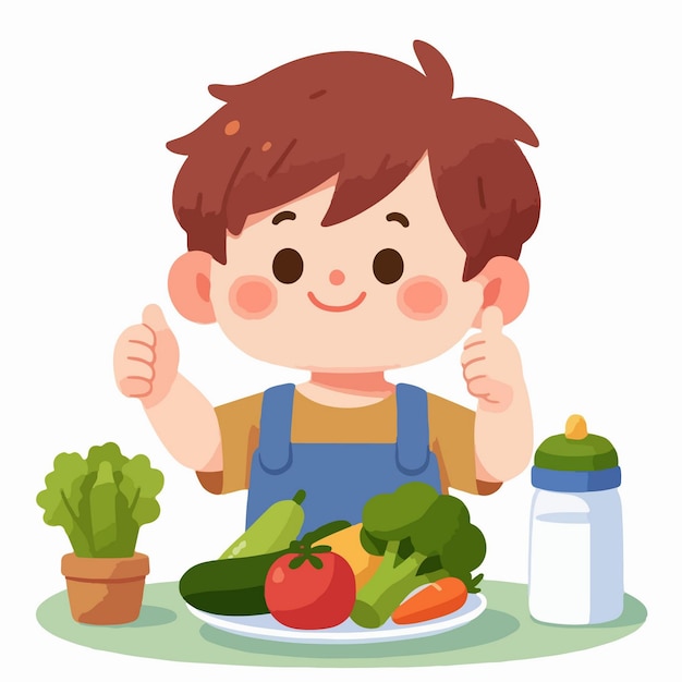 vector illustration of a little boy eating vegetables