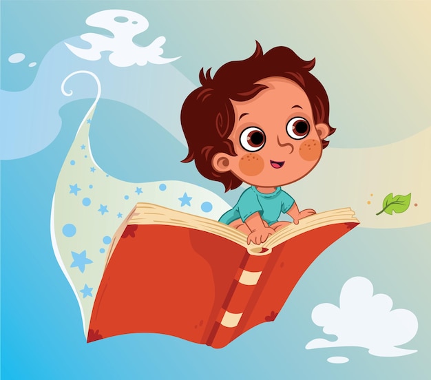 Vector illustration of a little boy sitting on a flying book