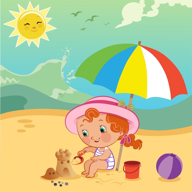 Vector illustration of little girl building a sand castle on the beach