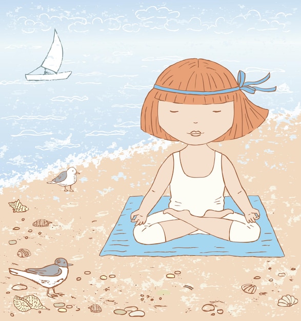 Vector illustration of a little girl doing yoga by the sea