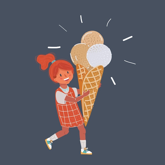 Vector vector illustration of little girl eating ice cream on dark background