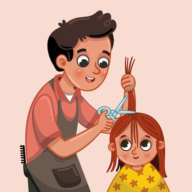 Vector illustration of little girl getting a haircut at the hairdressers