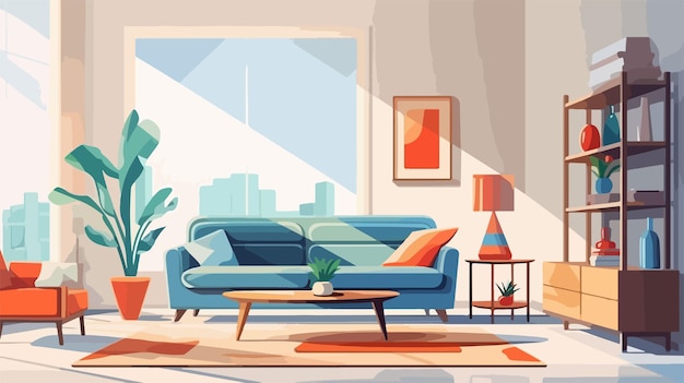 a vector illustration of a living room with a couch and coffee table