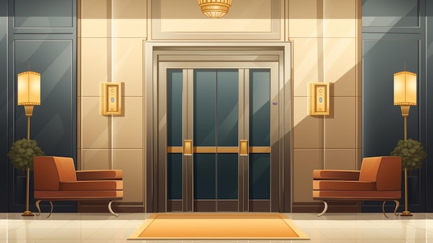 Vector a vector illustration of a lobby with a door and a chandelier