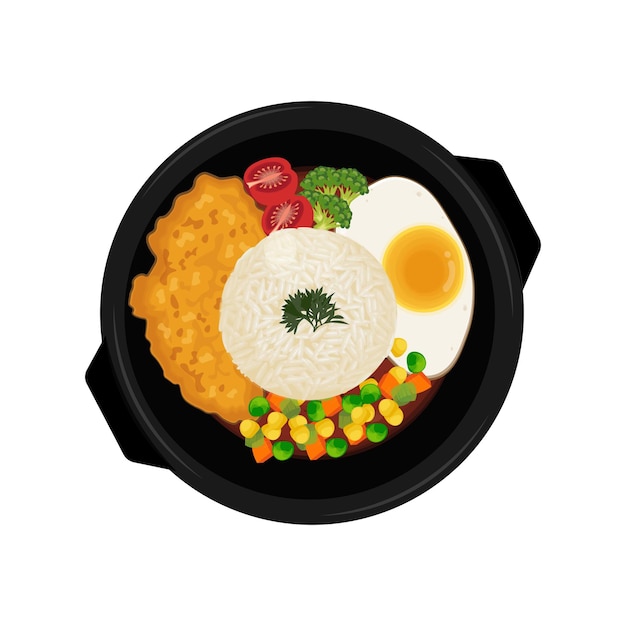 Vector illustration logo Crispy chicken steak with vegetables and rice