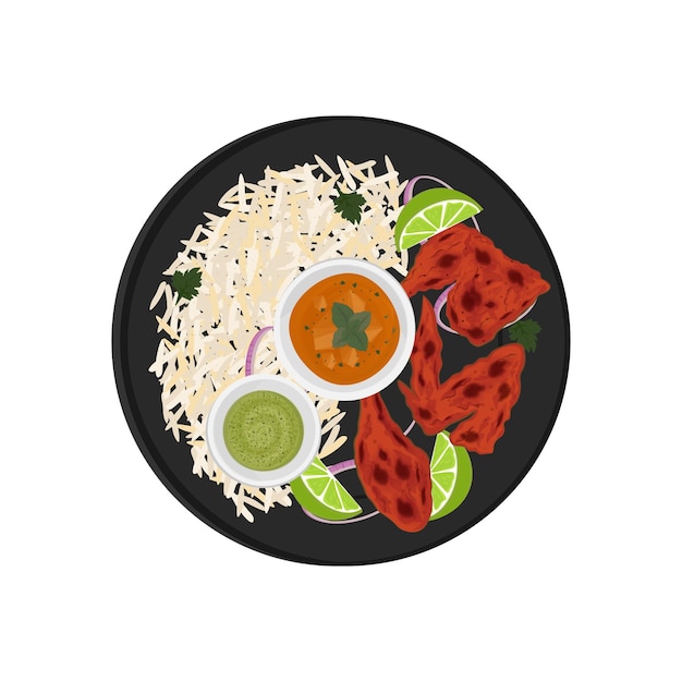 Vector illustration logo top view biryani rice with chicken tandoori