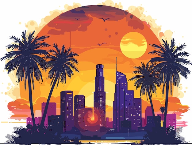 Vector vector illustration los angeles sunset on the beach with palm trees and skyscrapers