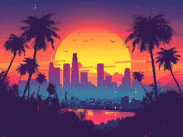 vector illustration of Los Angeles sunset with skyscrapers and palm trees in the background