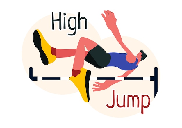 Vector vector illustration of a male athlete performing a high jump combining speed and technique to soar over the bar in a flat style cartoon background